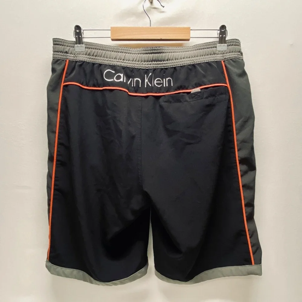 Calvin Klein Swim Board Shorts Men's Medium Black Grey Red Logo Drawstring Waist